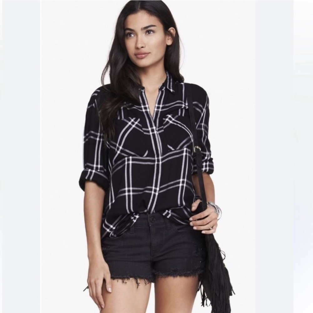 Express Plaid Button Up Blouse Double Pocket Oversized Windowpane Flannel, Sz XS